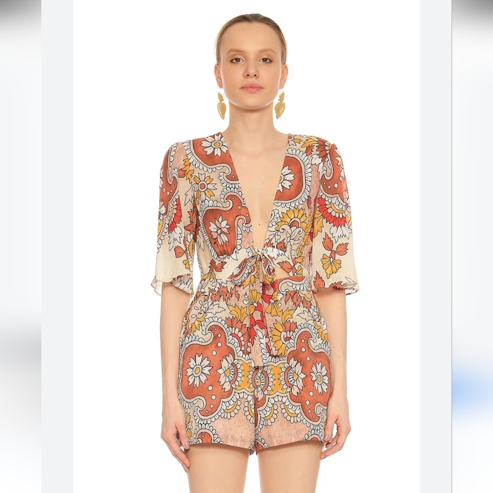 BCBGMAXAZRIA Ivy Grand Plunging Paisley-Print SILK Mini Romper V-neck Cutout SM